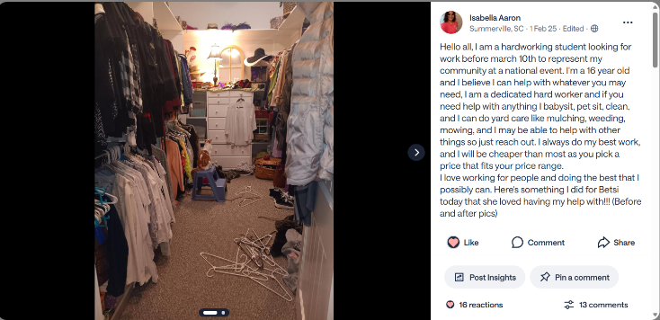 My first Teen Troupe social post beside a photo of a cluttered room I cleaned