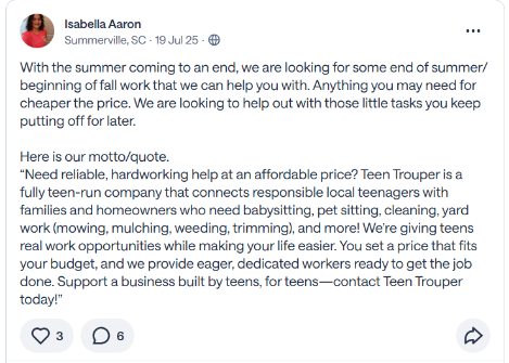 My Nextdoor post offering end-of-summer and fall work, with the Teen Troupe motto