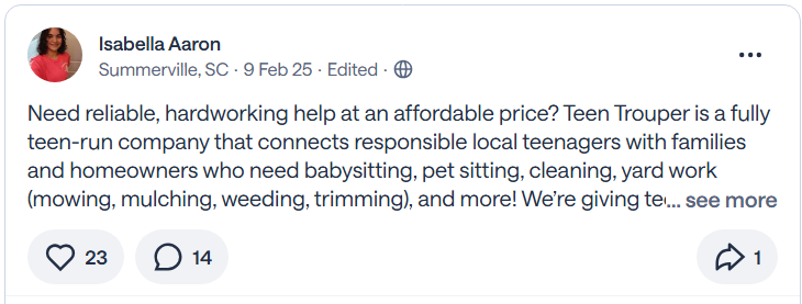 My Nextdoor post explaining that Teen Troupe is a fully teen-run company, showing 23 likes and 14 comments