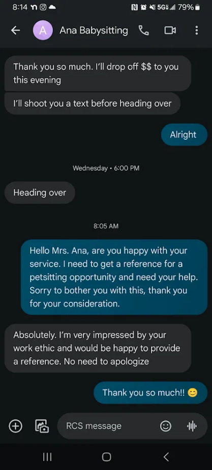 Text thread where a client writes that she is very impressed by my work ethic and would be happy to provide a reference